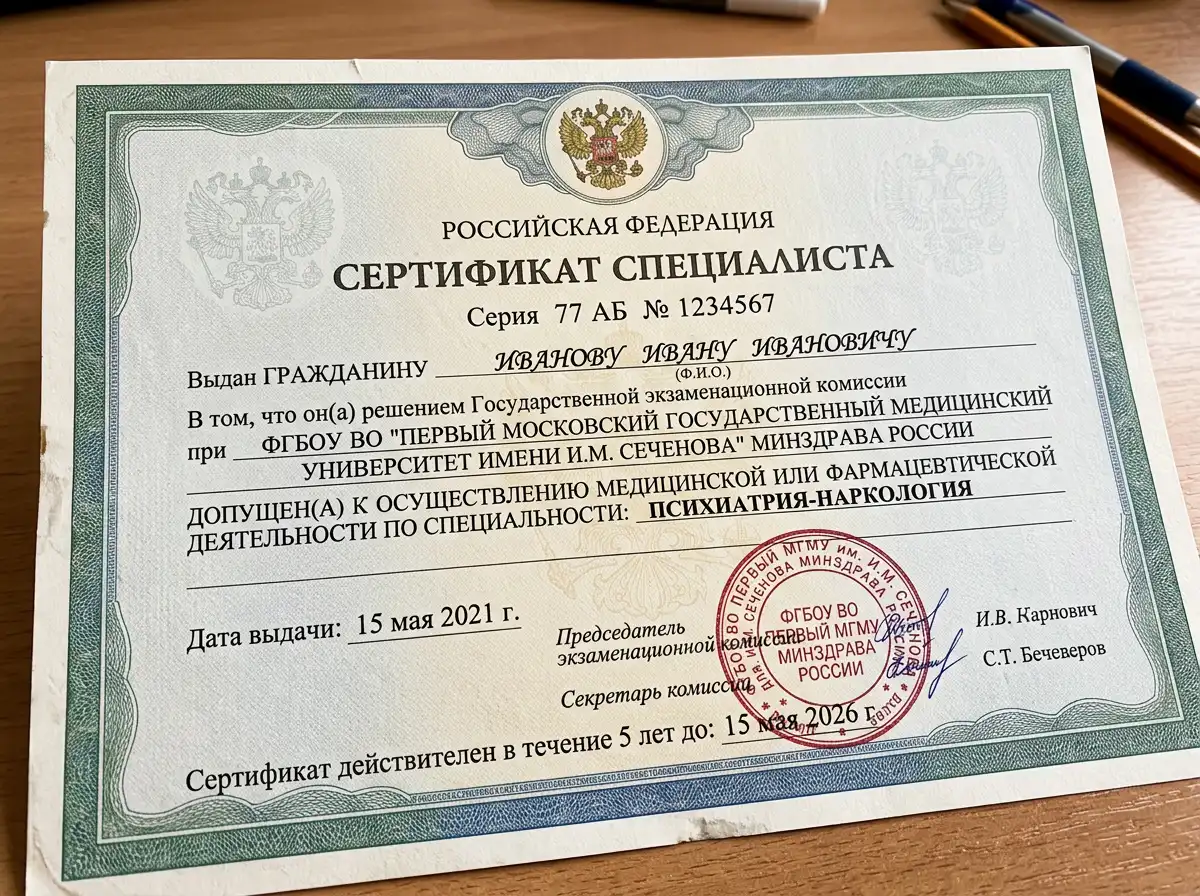 Сертификат специалиста врача-нарколога: документ на бланке с гербом, данные специалиста и период действия, крупный план